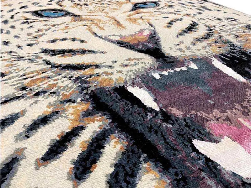 Designer rug with Bo-Hamsa pattern, patterned pile with purple and black accents