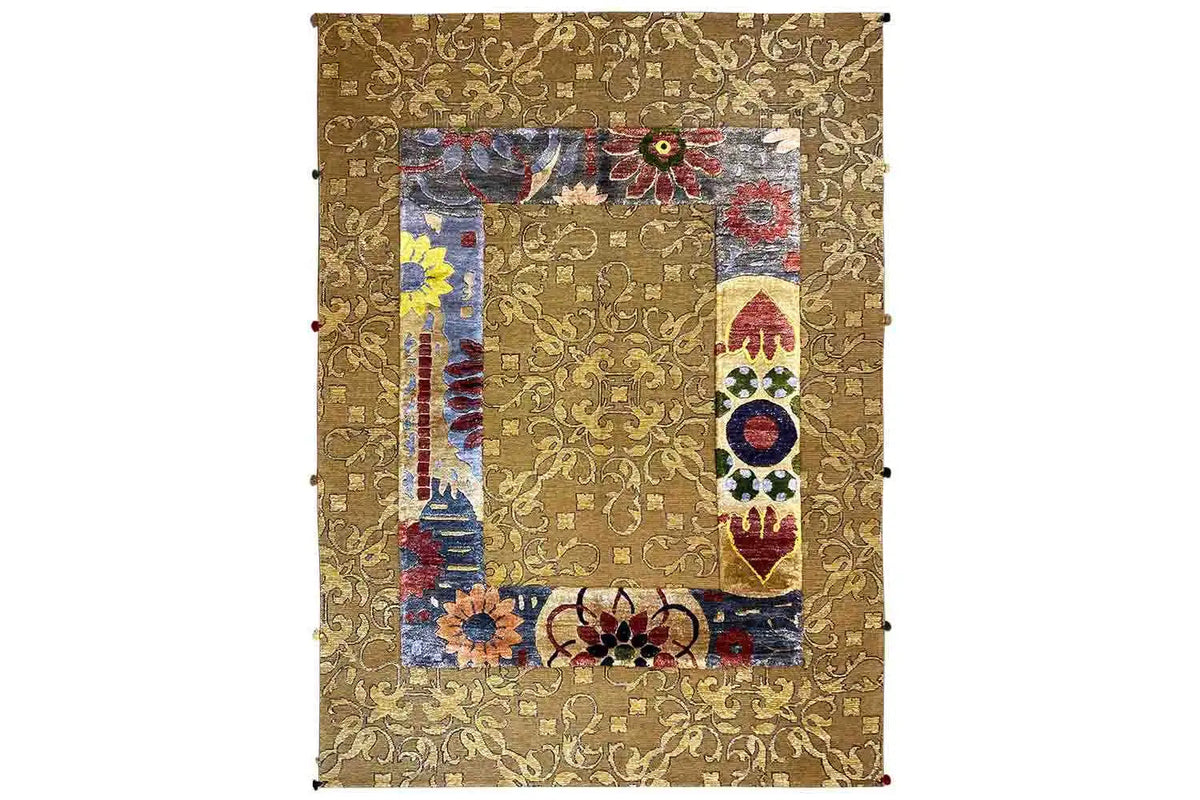 Rectangular designer rug, golden brown with a medallion and colorful borders