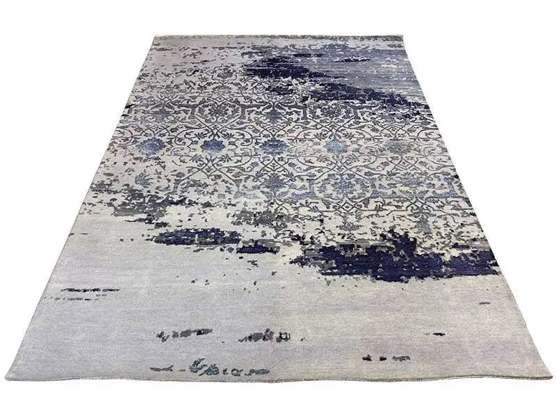 Designer rug with abstract stripes and ornaments, light beige and dark blue
