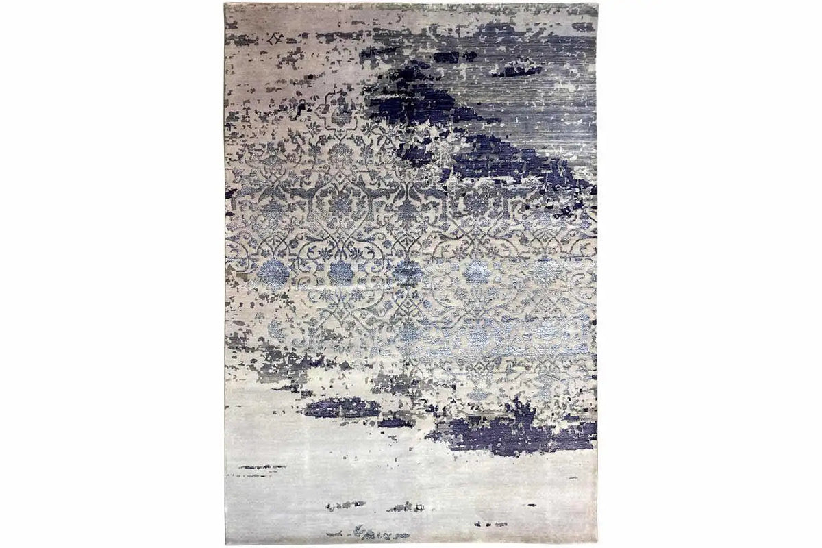 Rectangular designer rug with ornaments, light beige and dark blue
