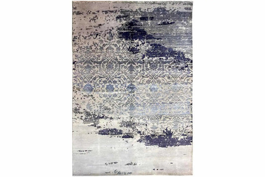 Rectangular designer rug with ornaments, light beige and dark blue