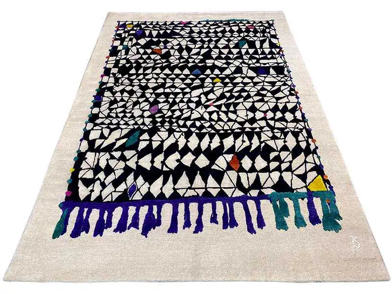 Rug 172x242 cm at a glance: geometric design with colorful blocks and fringes