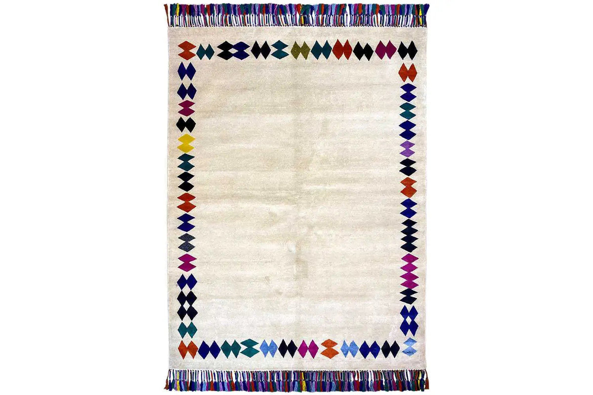 Rug with fringed border, rectangular, white background with colorful diamond patterns