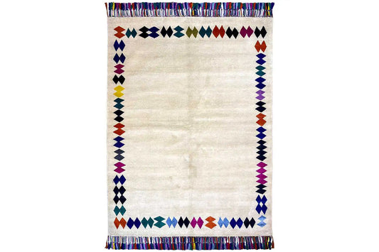Rug with fringed border, rectangular, white background with colorful diamond patterns
