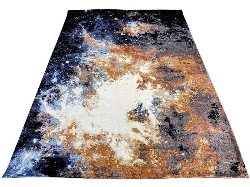 Rectangular rug with an abstract texture, blue-gray and rust orange, large-scale