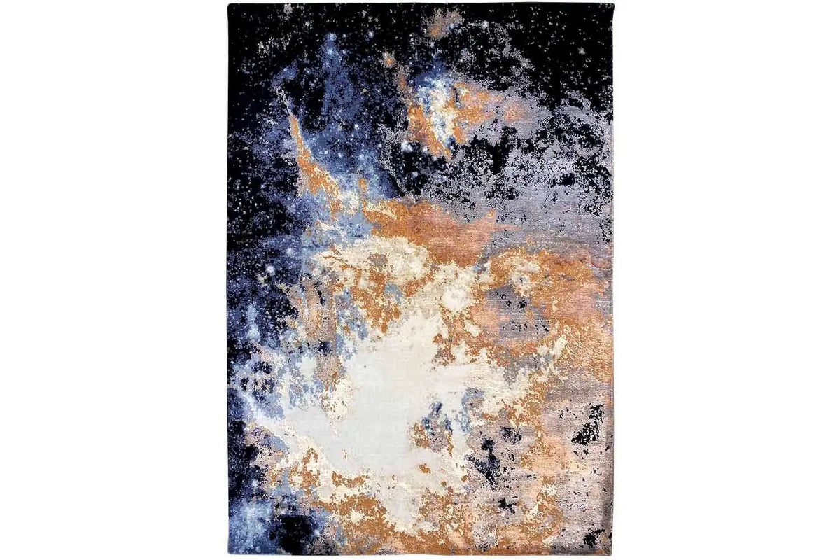 Rectangular rug with a large abstract interplay of dark blue, beige and orange