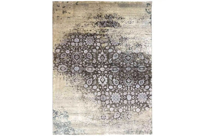 Rug with a beige vintage background and dark floral medallion pattern
