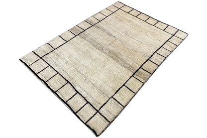 Gabbeh rug with a geometric line pattern in light beige and dark gray, 146x98 cm