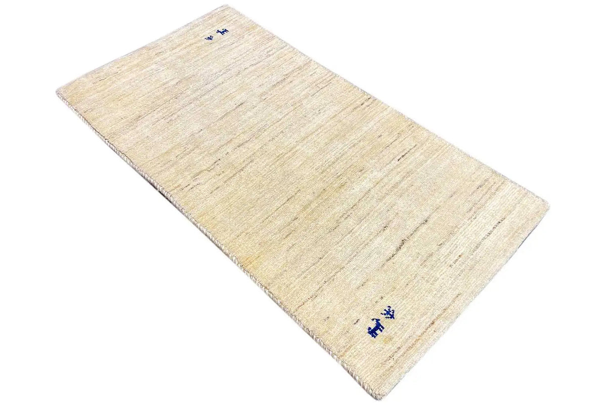 Beige Gabbeh rug, rectangular, with light lines and blue symbols
