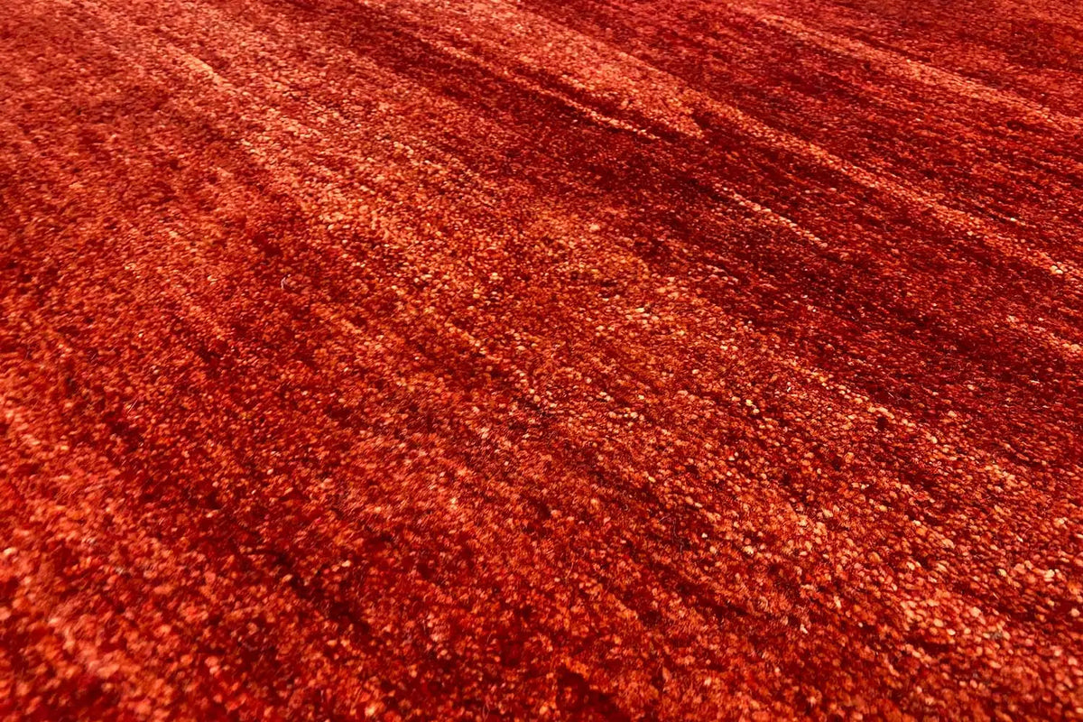 Gabbeh rug 118x82 cm, close-up of the pile surface, red with mottled stripes