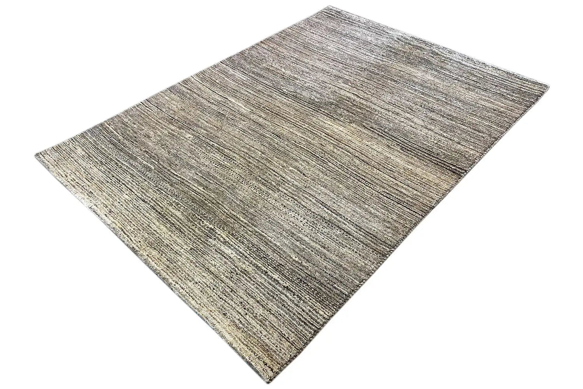 Gabbeh rug, beige background with gray shading and fine horizontal lines