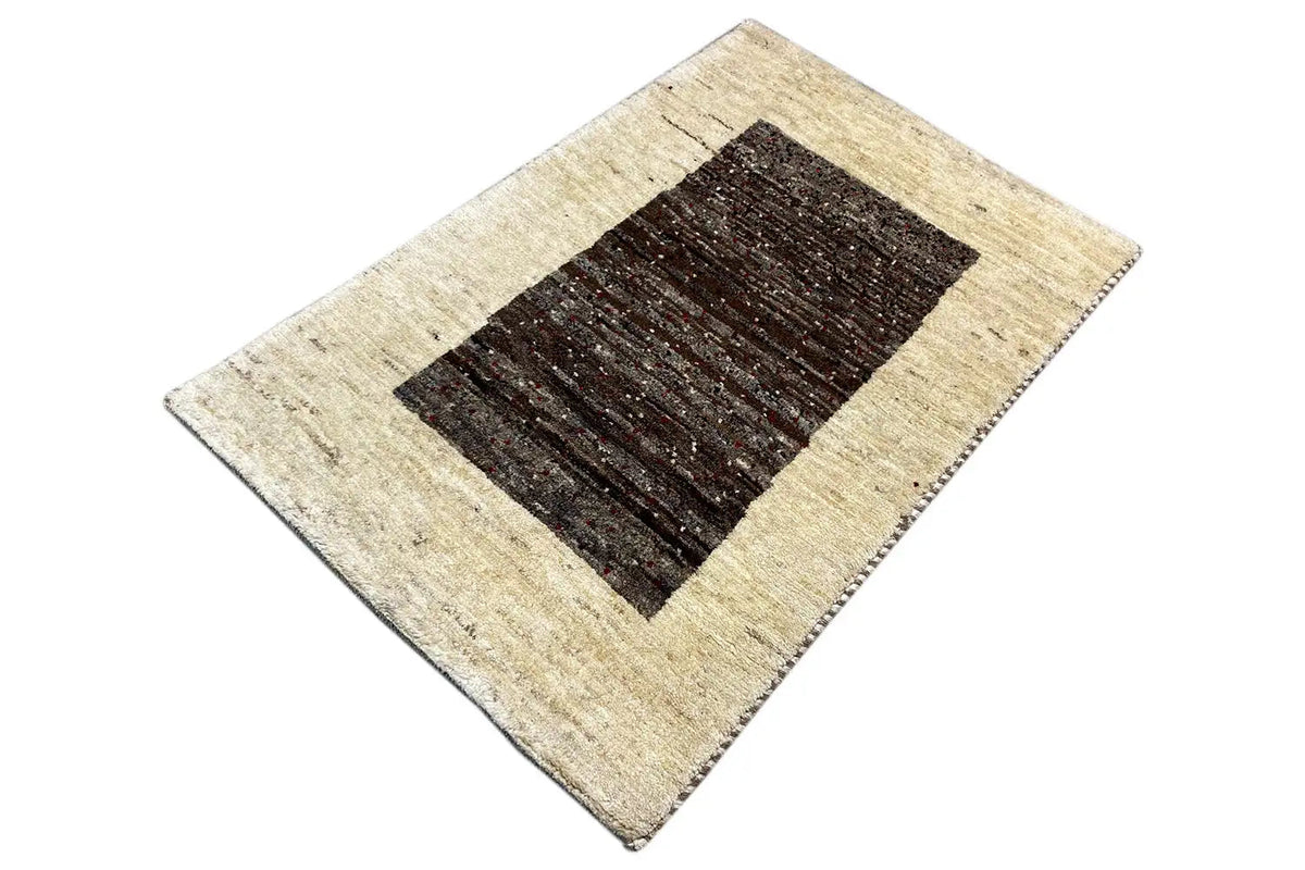 Gabbeh rug 87x55 cm, beige border with a central dark stripe pattern