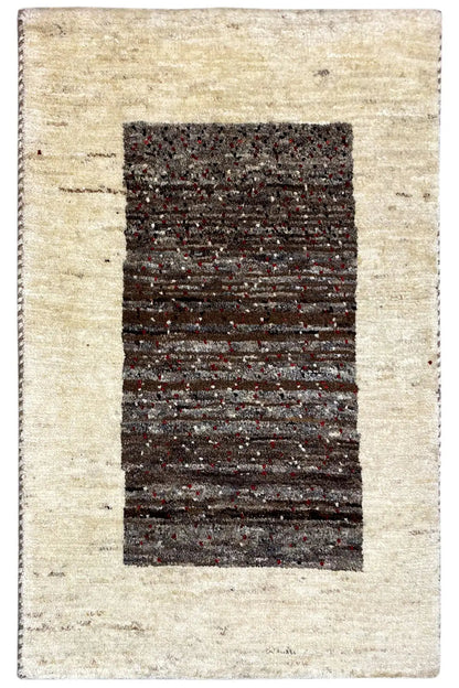 Gabbeh rug 87x55 cm with a beige border and dark rectangular pattern