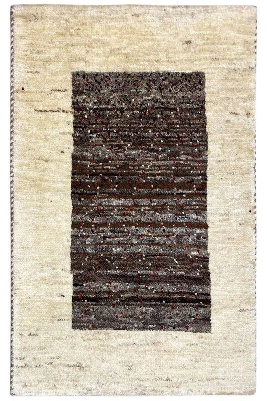 Gabbeh rug 87x55 cm with a beige border and dark rectangular pattern