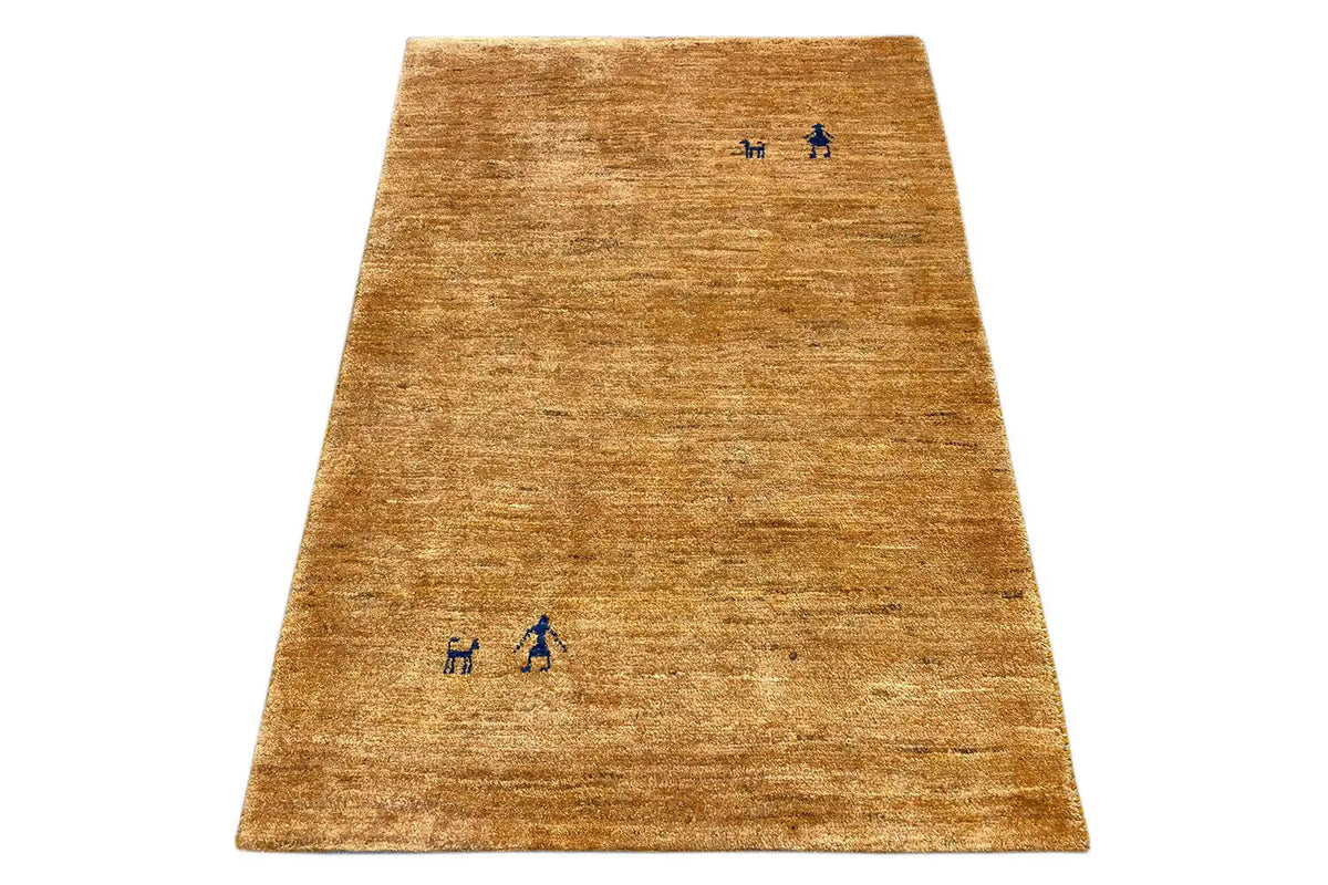 Gabbeh rug 122x78 cm, honey brown, blue figurative motifs, flat-woven appearance