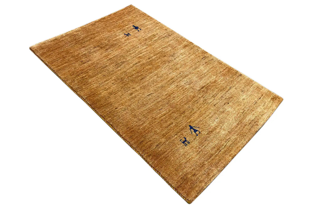 Gabbeh rug 122x78 cm, honey brown with two blue motifs, woven top side
