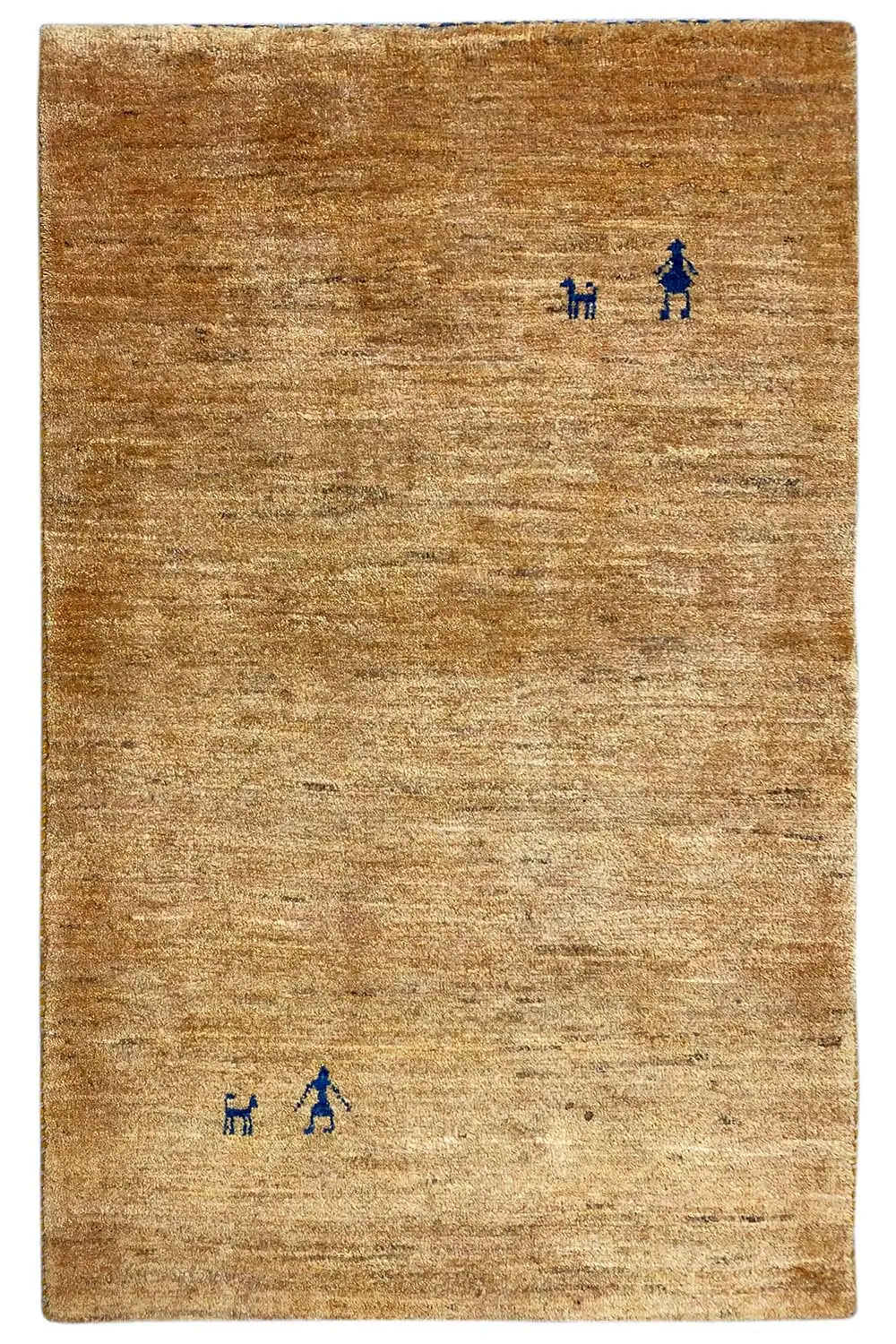 Gabbeh rug 122x78 cm, honey brown with blue small-part motifs, woven surface