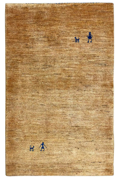 Gabbeh rug 122x78 cm, honey brown with blue small-part motifs, woven surface