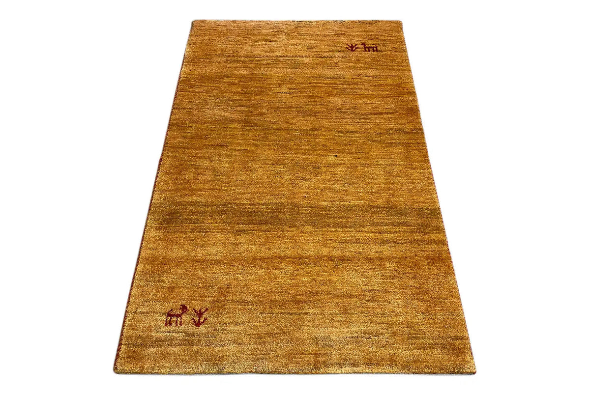 Rug 122x80 cm, brown-gold, diagonally oriented, red animal and plant symbols