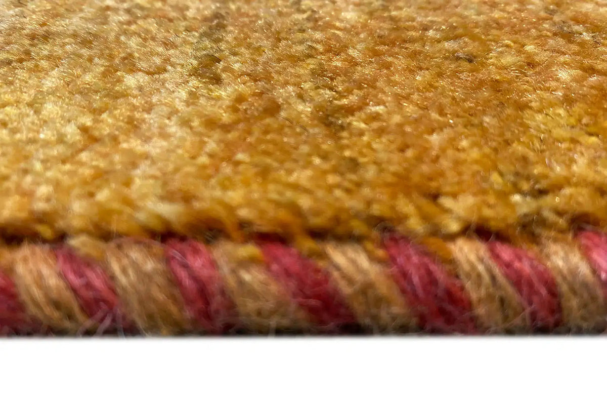 Close-up of a carpet: brown-gold woven texture with a multicolored fringe border