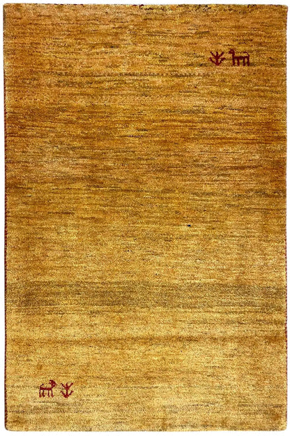 Gabbeh rug 122x80 cm: brown-gold, fine lines, small red animal motifs