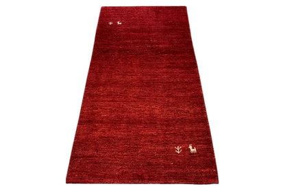 Gabbeh rug 142x69 cm, red rug with a mottled surface and white motifs
