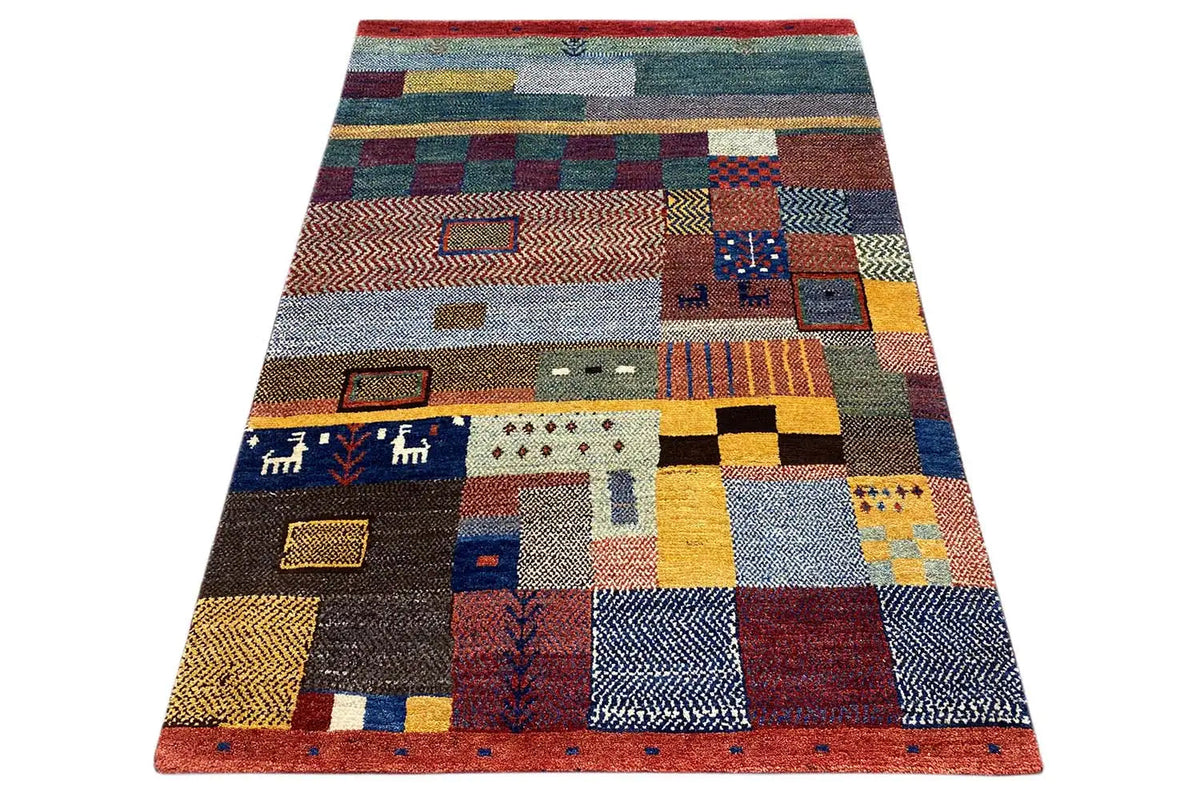 Rectangular gabbeh rug, multicolored patchwork with geometric elements