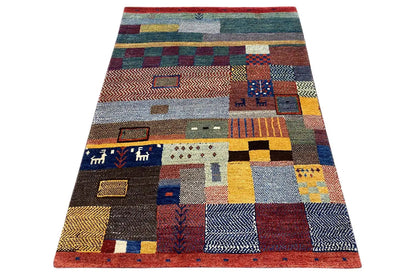 Rectangular gabbeh rug, multicolored patchwork with geometric elements