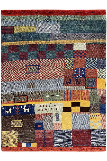 Rectangular Gabbeh rug with colorful squares and decorative patterns, framed in red