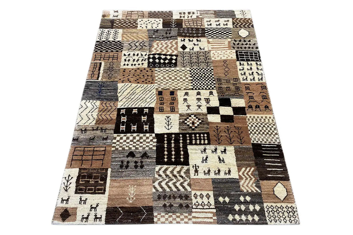 Gabbeh rug with a patchwork pattern in beige, brown and black, rectangular (152x107)