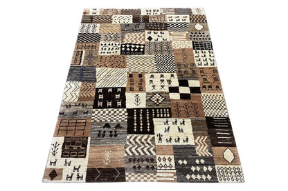 Gabbeh rug with a patchwork pattern in beige, brown and black, rectangular (152x107)