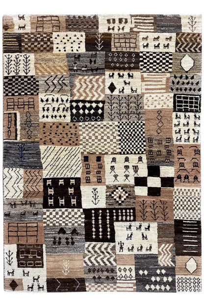 Gabbeh rug, large-scale patchwork of squares and symbols in beige, brown, and black