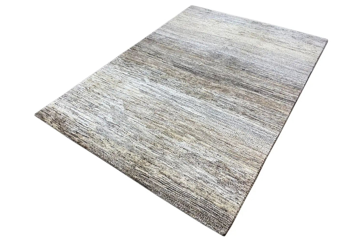 Rectangular Gabbeh rug, light beige with gray stripes and a subtle texture