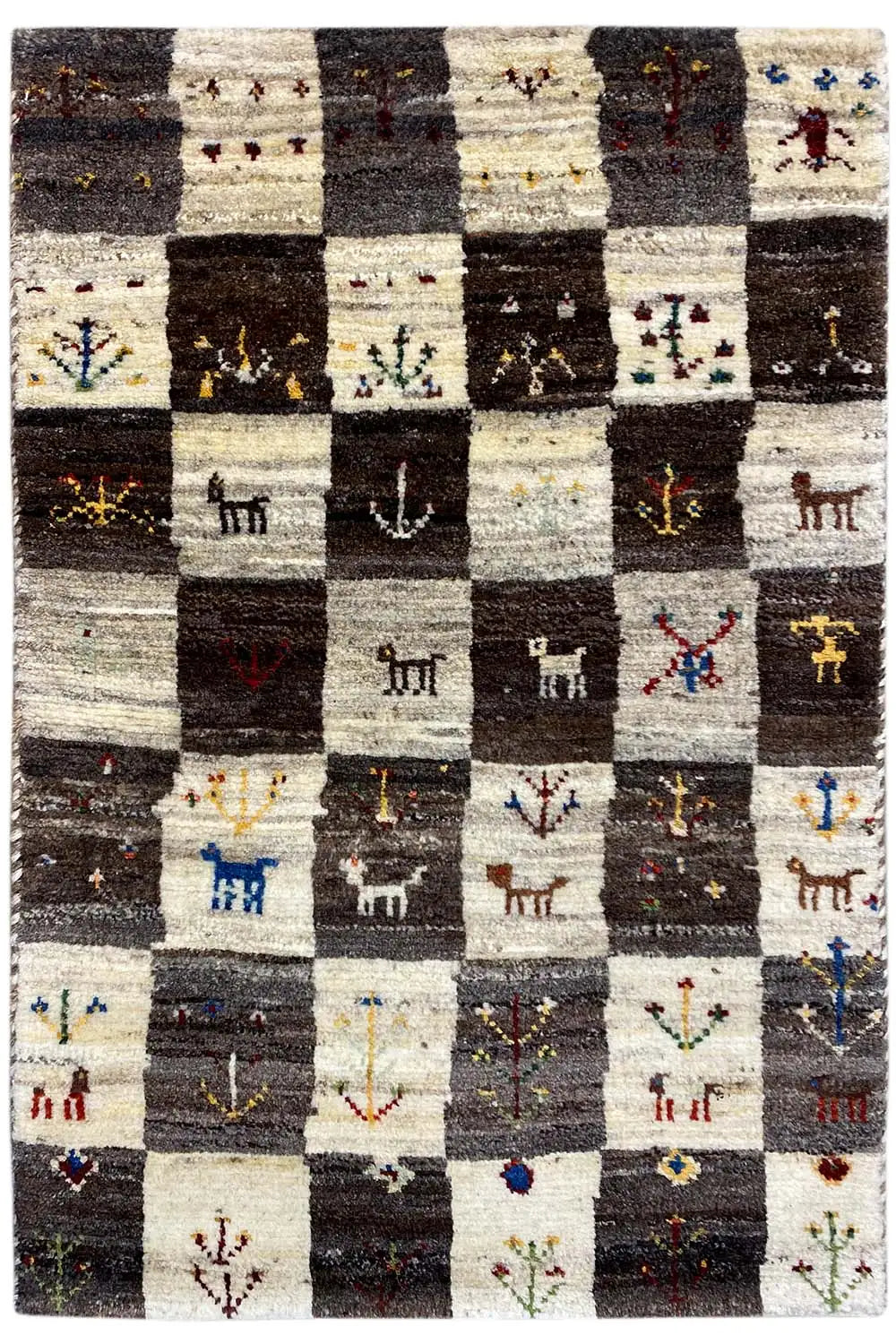 Gabbeh rug (94x60 cm), patchwork plaid with animal motifs in cream, black, and multicolored hues