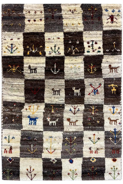 Gabbeh rug (94x60 cm), patchwork plaid with animal motifs in cream, black, and multicolored hues