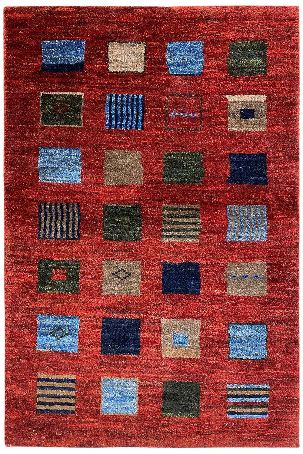 Gabbeh rug 124x80 cm, reddish brown with alternating blue, gray, and beige blocks