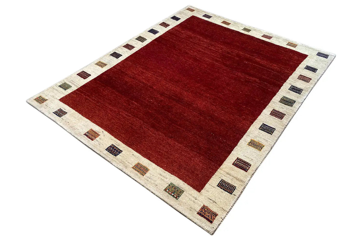 Gabbeh rug 194x155 cm, red central field with multicolored border