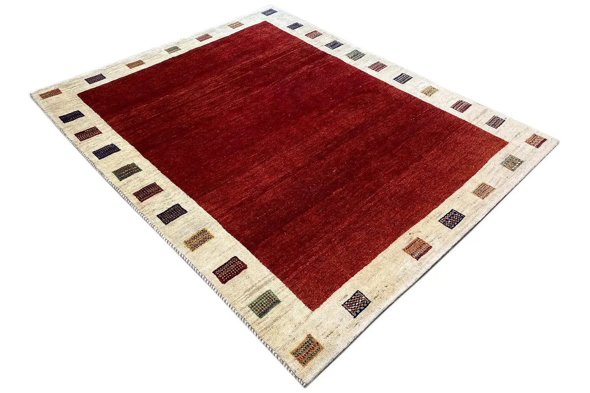 Gabbeh rug 194x155 cm, red center with contrasting border squares