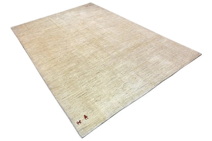 Beige Gabbeh rug with a mottled texture, corners with small motifs, 282×194 cm