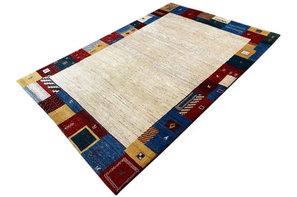 Gabbeh rug 262x177 cm with beige center and colorful patchwork border
