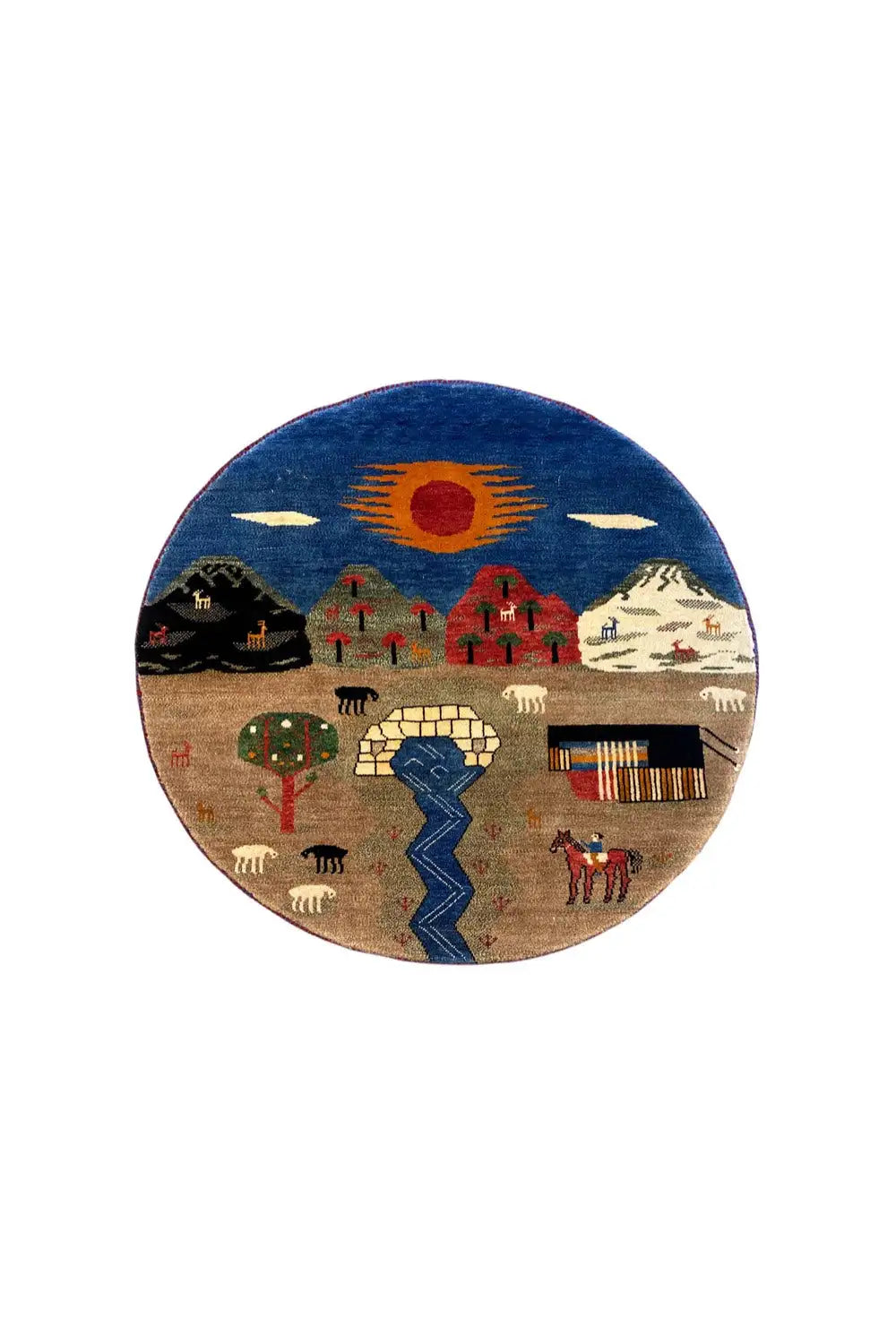 Round Gabbeh rug (103x103 cm) with sun, figures, and animals in bold colors