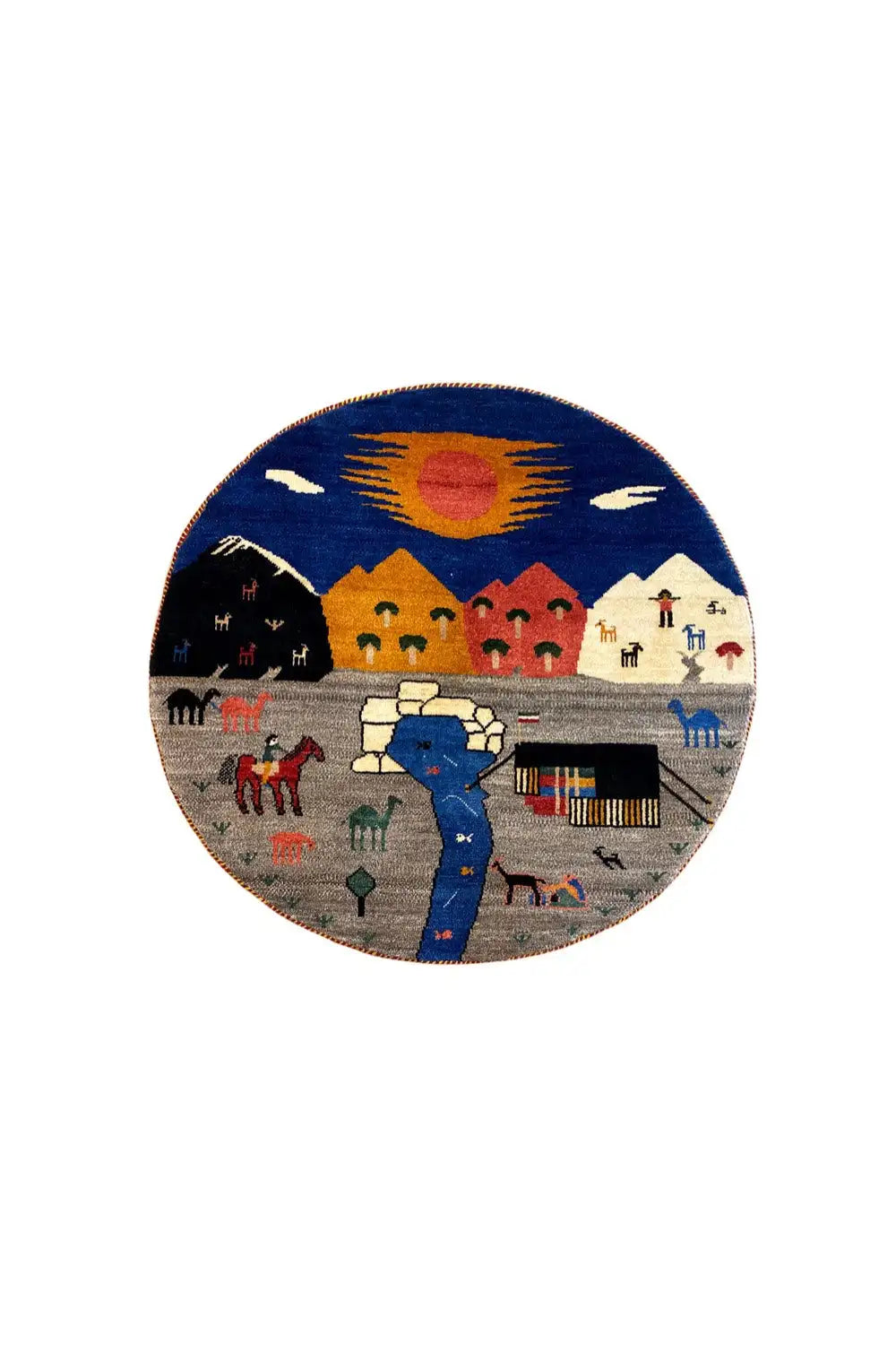Round Gabbeh rug (94x94 cm) with blue sky motif and houses