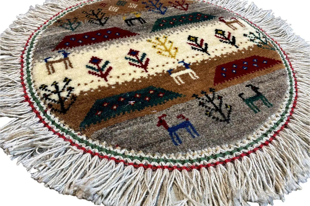 Gabbeh-Lori rug with fringe, round pattern with figures and trees (40x40 cm)