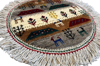 Gabbeh-Lori rug with fringe, round pattern with figures and trees (40x40 cm)