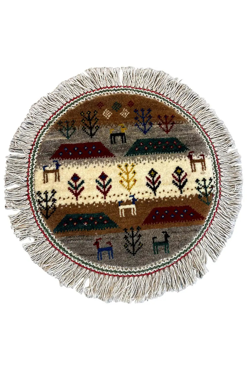 Gabbeh-Lori rug with fringe, round, colorful village pattern (40x40 cm)