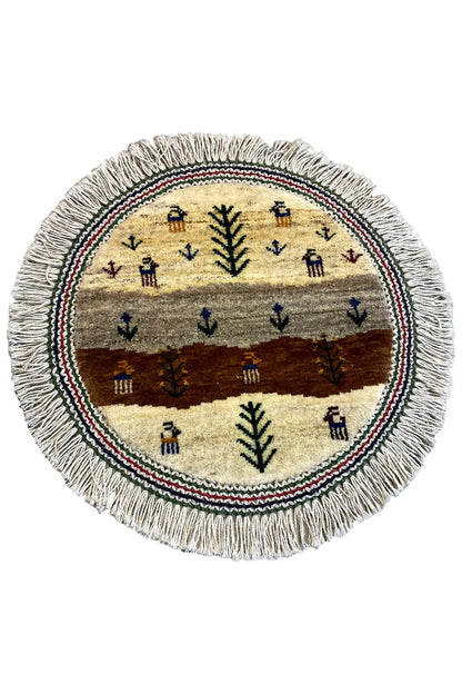 Round Gabbeh Lori cushion 40x40 cm with multicolored pattern and fringed edge