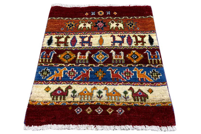 Gabbeh Lori rug, burgundy and beige with blue patterns, fringes, 61x57 cm