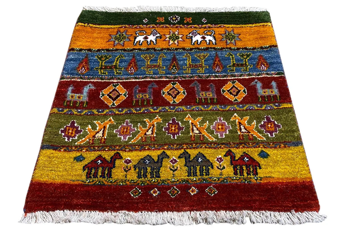 Gabbeh rug with multicolored ornamental stripes and fringes, rectangular