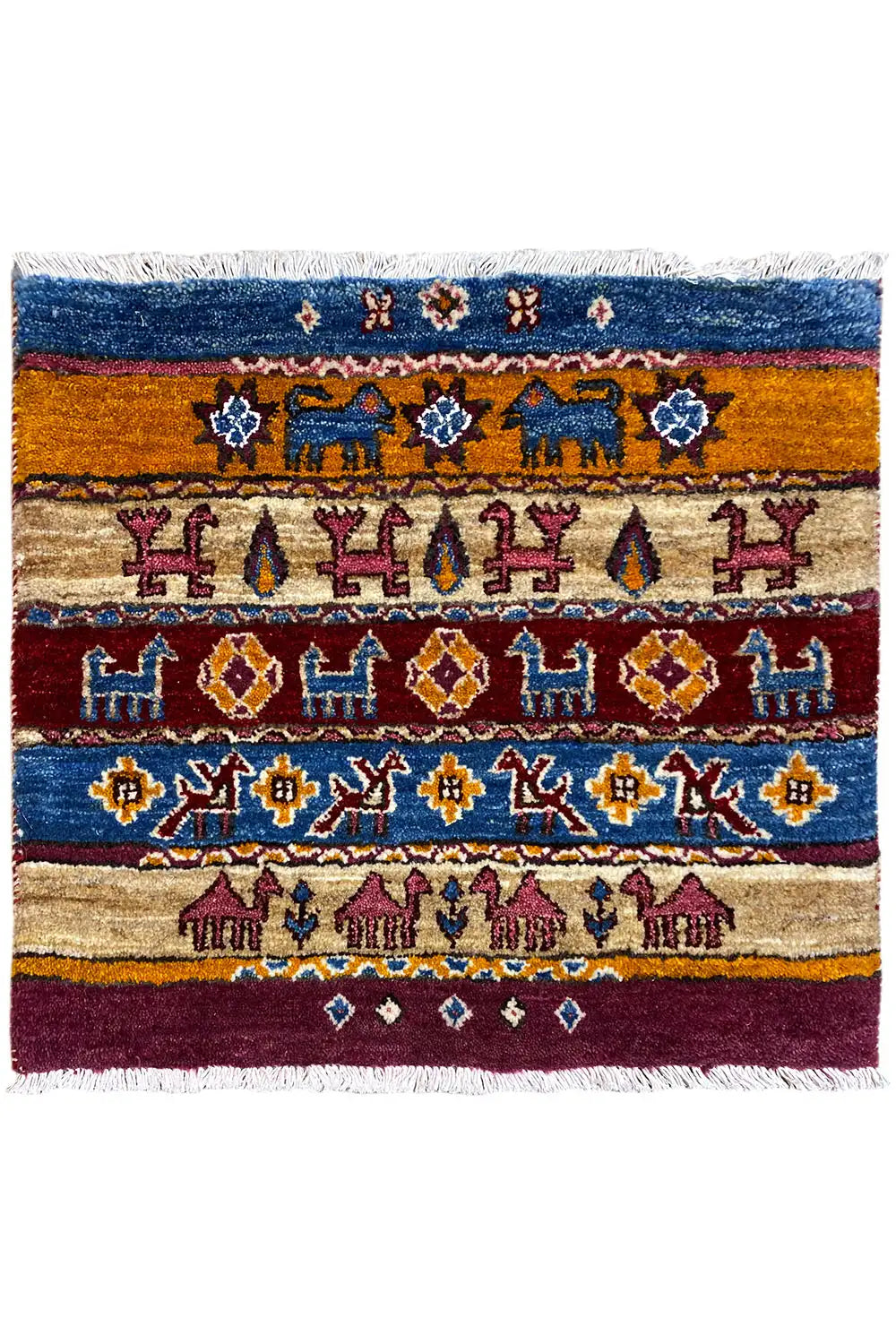 Gabbeh Lori rug with a multicolored border pattern in blue, red, and beige, fringes
