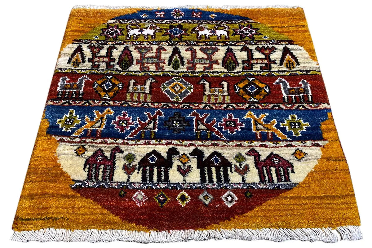 Gabbeh-Lori rug (58x56 cm), flat-woven, with a colorful geometric pattern